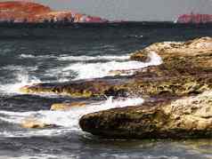 绘画米洛斯岛岛海视图岩石波