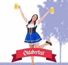 复合图像漂亮的啤酒节女孩持有啤酒酒杯