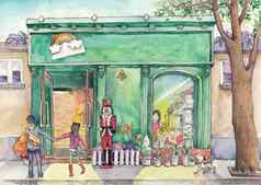 水彩高定义插图年轻的夫妇前面街商店神奇的卡通风格场景壁纸背景设计故事