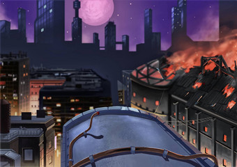 插图城市晚上建筑火故事神奇的卡通风格场景壁纸背景设计