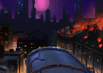 插图<strong>城市</strong>晚上建筑火故事神奇的卡通风格场景壁纸背景设计