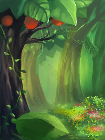 插图深内部绿色森林神奇的卡通风格场景壁纸背景设计