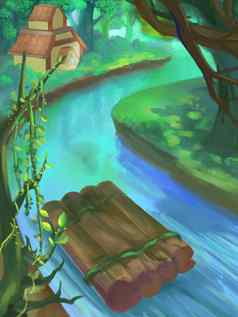 插图河漂流丛林森林神奇的卡通风格场景壁纸背景设计