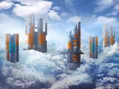插图城市云现实的卡通风格幻想主题场景壁纸背景设计