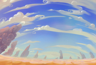 插图沙漠视图结合白色云蓝色的天<strong>空转</strong>移沙子奇怪的石头柱子神奇的现实的卡通风格壁纸背景场景设计