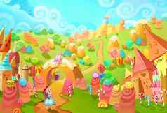插图糖果土地!公主失去了森林满足糖果世界糖果生物神奇的风格场景设计