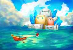 插图机器人岛朋友认为合资企业游泳奇怪的岛突然未来海场景设计科幻神奇的风格
