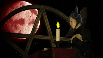 女巫阅读魔法书蜡烛光红色的月亮背景五角星形