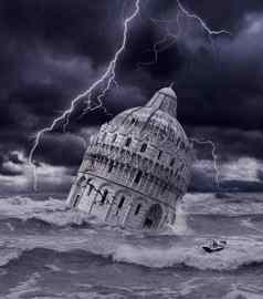 塔沉没世界末日洪水风暴