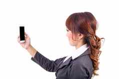 年轻的业务女人持有手机白色背景