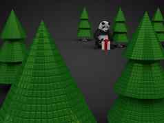 圣诞节熊猫熊礼物演讲盒子树孤立的黑暗背景