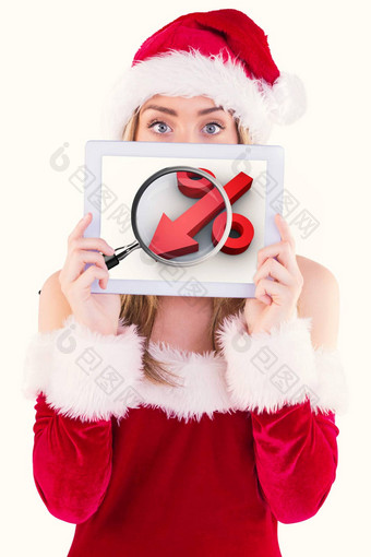 复合图像漂亮的圣诞老人女孩持有平板电脑