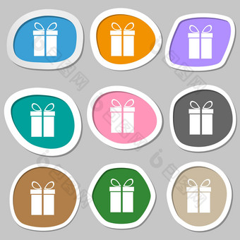 礼物盒子标志图标现在象征五彩缤纷的纸贴纸