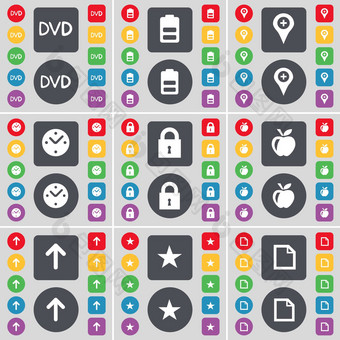Dvd电池检查点时钟锁苹果箭头明星文件图标象征大集平彩色的按钮设计
