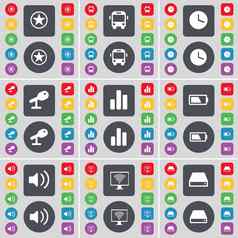 明星公共汽车时钟麦克风图电池声音监控硬开车图标象征大集平彩色的按钮设计