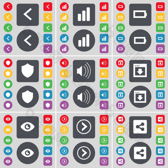 箭头左图电池徽章声音窗口愿景箭头分享图标象征大集平彩色的按钮设计