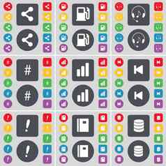 分享气体站耳机标签图媒体跳过感叹马克笔记本数据库图标象征大集平彩色的按钮设计