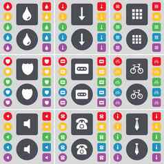 下降箭头应用程序徽章盒式磁带自行车声音复古的电话领带图标象征大集平彩色的按钮设计