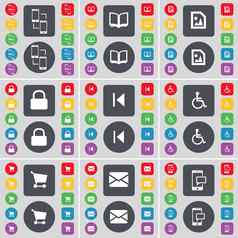 智能手机书媒体文件锁媒体跳过禁用人购物车消息短信图标象征大集平彩色的按钮设计