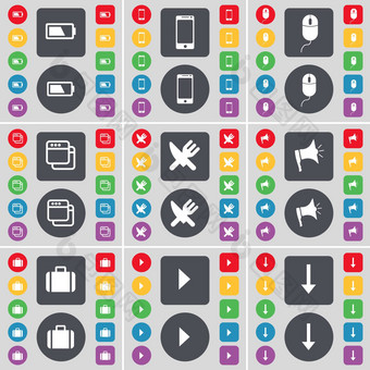 电池智能手机鼠标窗口叉刀扩音器手提箱媒体玩箭头图标象征大集平彩色的按钮设计