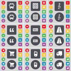公共汽车床谱号问题马克出售路购物车移动电话卡车图标象征大集平彩色的按钮设计