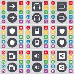 箭头耳机电池徽章移动电话电影相机声音分享图标象征大集平彩色的按钮设计