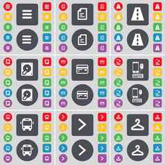 应用程序文本文件路硬开车信贷卡智能手机公共汽车箭头悬挂器图标象征大集平彩色的按钮设计