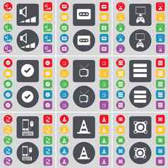 体积盒式磁带蜱虫复古的应用程序智能手机锥演讲者图标象征大集平彩色的按钮设计