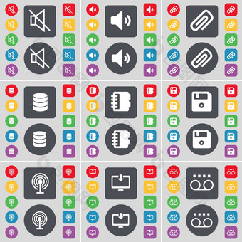 沉默的声音剪辑数据库笔记本软盘无线网络监控盒式磁带图标象征大集平彩色的按钮设计