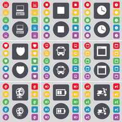 移动PC媒体跳过时钟徽章公共汽车窗口全球电池踏板车图标象征大集平彩色的按钮设计