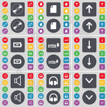 磁盘文件箭头充电键盘箭头声音耳机图标象征大集平彩色的按钮设计