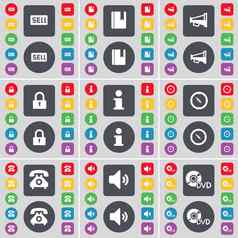 出售字典扩音器锁信息指南针复古的电话声音Dvd图标象征大集平彩色的按钮设计