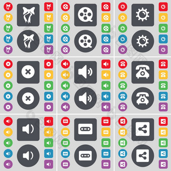 弓录像带齿轮停止声音复古的电话声音盒式磁带分享图标象征大集平彩色的按钮设计