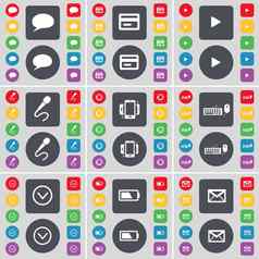 闲谈，聊天泡沫信贷卡媒体玩麦克风智能手机键盘箭头电池消息图标象征大集平彩色的按钮设计