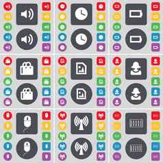 声音时钟电池购物袋媒体文件化身鼠标无线网络均衡器图标象征大集平彩色的按钮设计