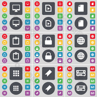监控媒体文件文件调查锁全球应用程序标记电唱机图标象征大集平彩色的按钮设计