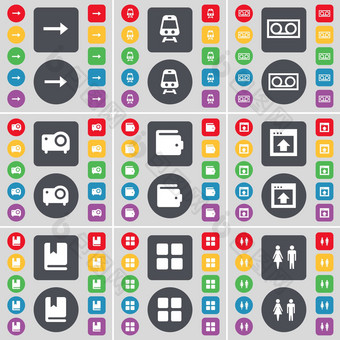箭头火车盒式磁带投影仪钱包窗口字典应用程序轮廓图标象征大集平彩色的按钮设计
