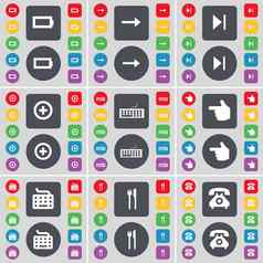 电池箭头媒体跳过键盘手键盘叉刀复古的电话图标象征大集平彩色的按钮设计