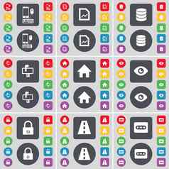 智能手机图文件数据库邮箱房子愿景锁路盒式磁带图标象征大集平彩色的按钮设计
