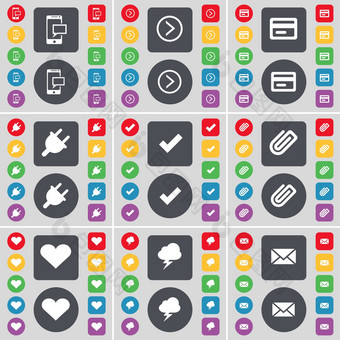 短信箭头信贷卡套接字蜱虫剪辑心闪电消息图标象征大集平彩色的按钮设计