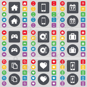 房子智能手机日历手柄留声机手提箱复制心智能手机图标象征大集平彩色的按钮设计