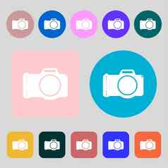 照片相机标志图标数字照片相机象征彩色的按钮平设计