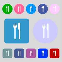 吃标志图标餐具象征叉刀彩色的按钮平设计