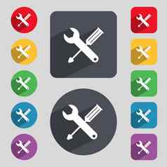 修复工具标志图标服务象征螺丝刀扳手集彩色的按钮