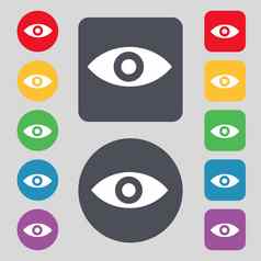 眼睛发布内容第六感觉直觉图标标志集彩色的按钮平设计