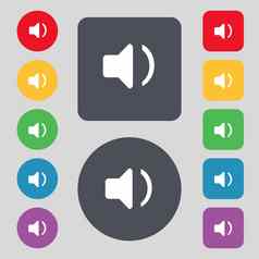 演讲者体积声音图标标志集彩色的按钮平设计