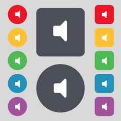 演讲者体积声音图标标志集彩色的按钮平设计
