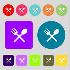 叉勺子横向餐具吃图标标志彩色的按钮平设计