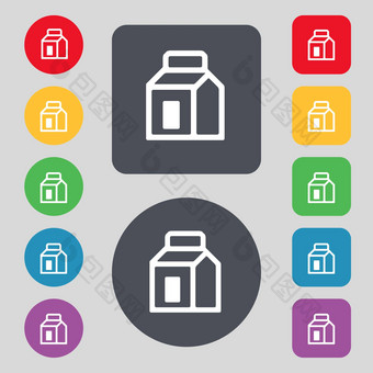 牛奶汁饮料纸箱包图标标志集彩色的按钮平设计