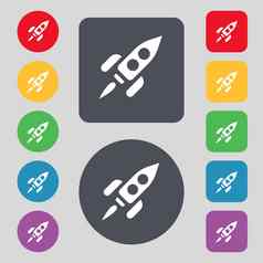 火箭图标标志集彩色的按钮平设计